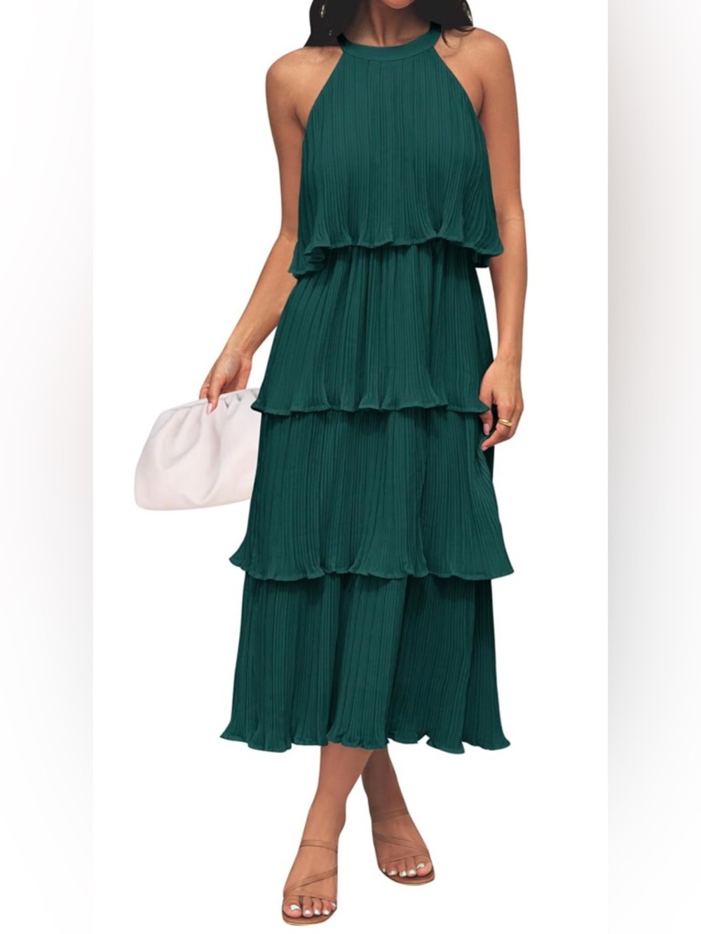 Zesica Women’s midi dress with halter neck and tiered layers Size S